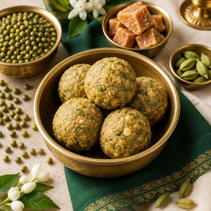 Green Gram Ladoo served in a bowl with its ingredients