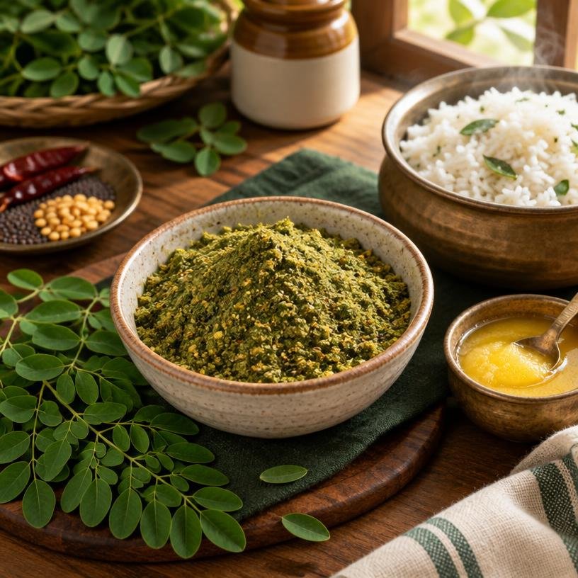 Murungai Rice Podi served in a bowl with its ingredients