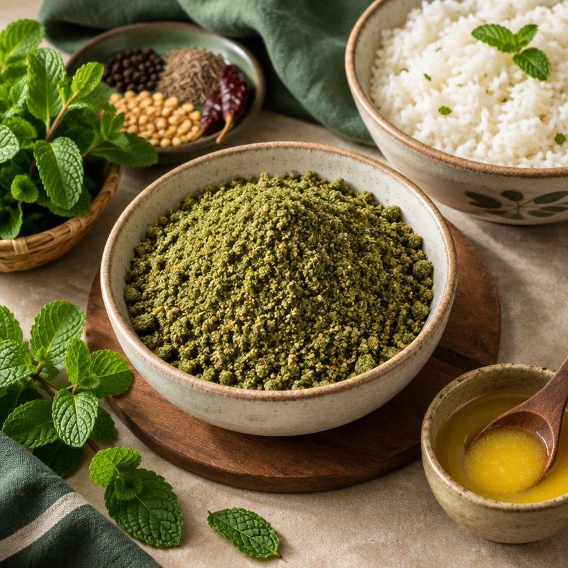 Pudhina Rice Podi served in a bowl with its ingredients